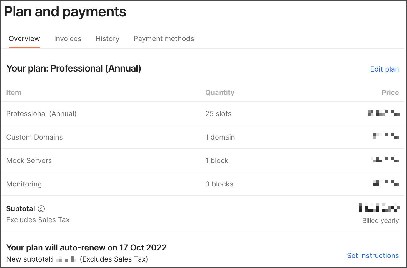 Set instructions in billing dashboard