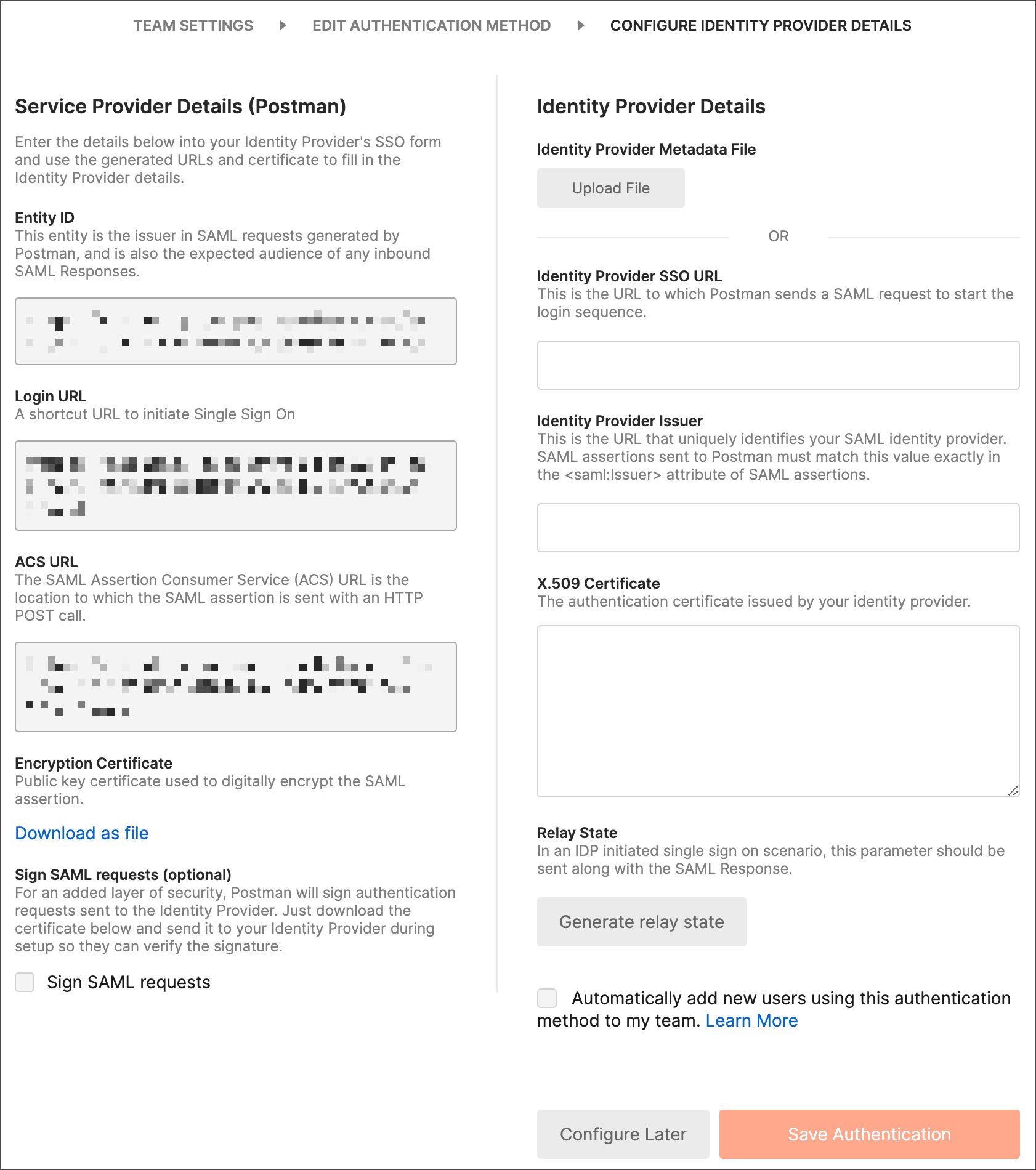 Configure identity provider details in Postman