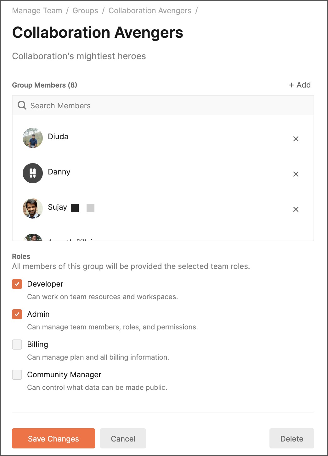 Edit group team roles