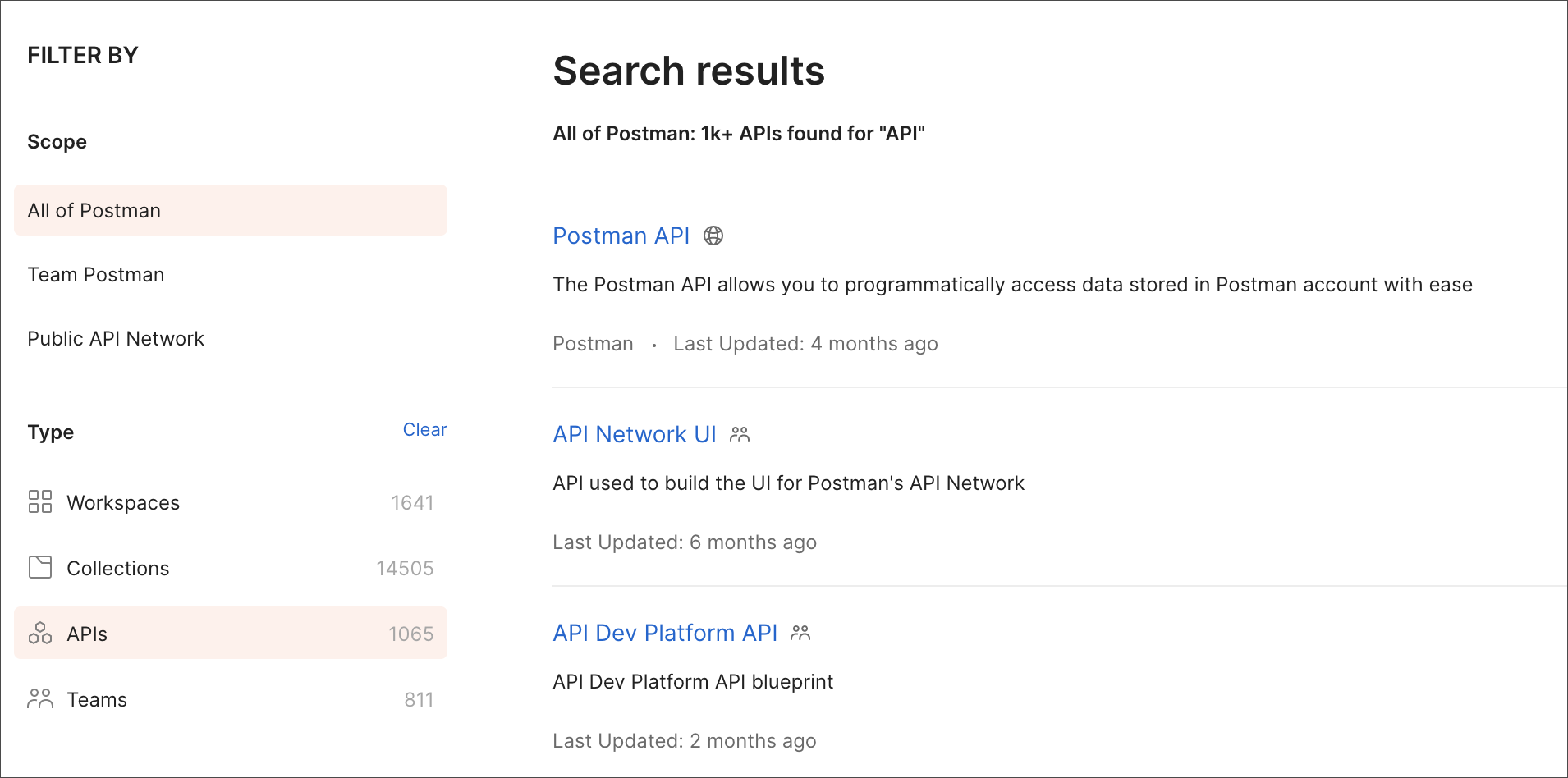 Individual API search results