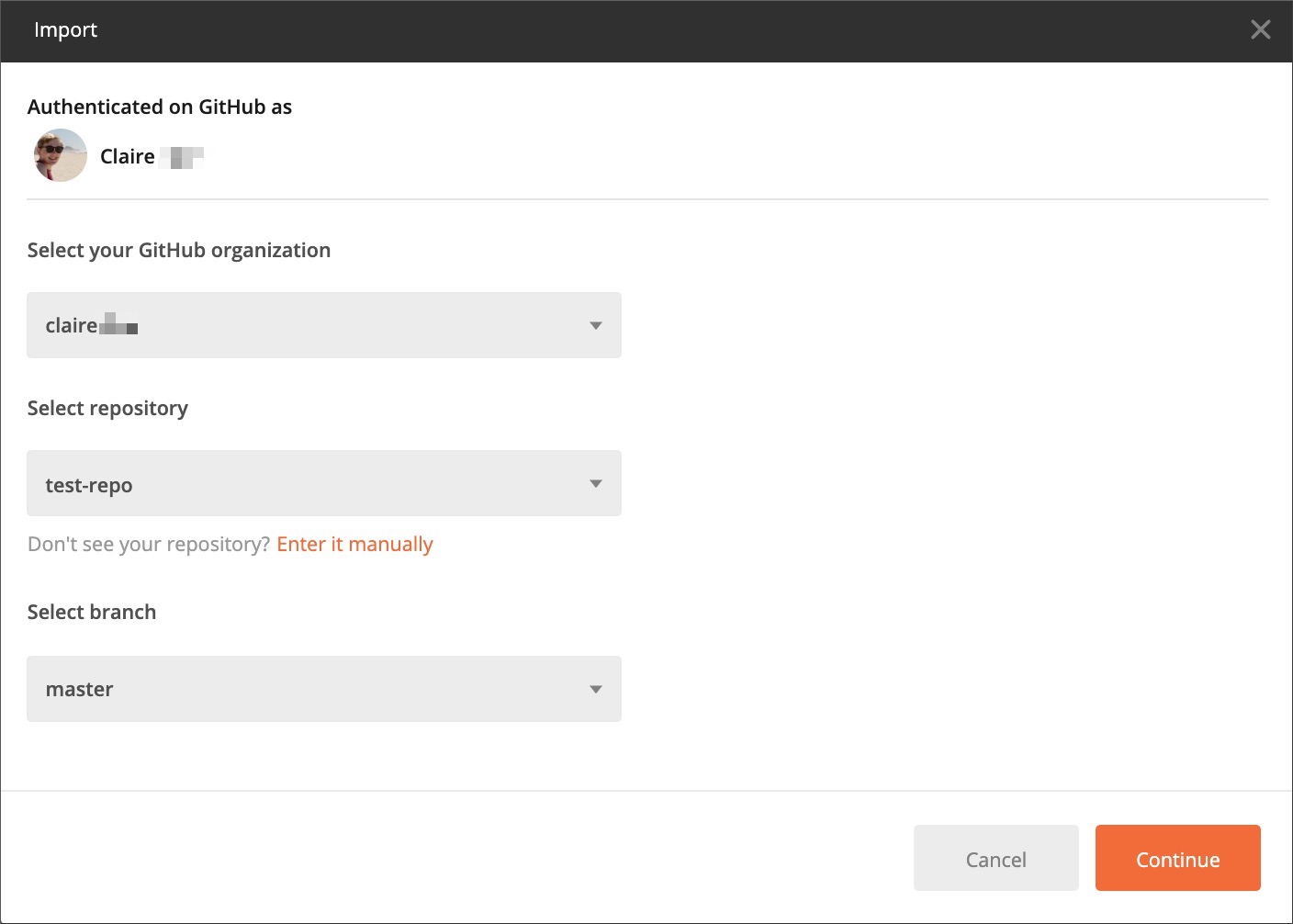 Select org, repo, branch