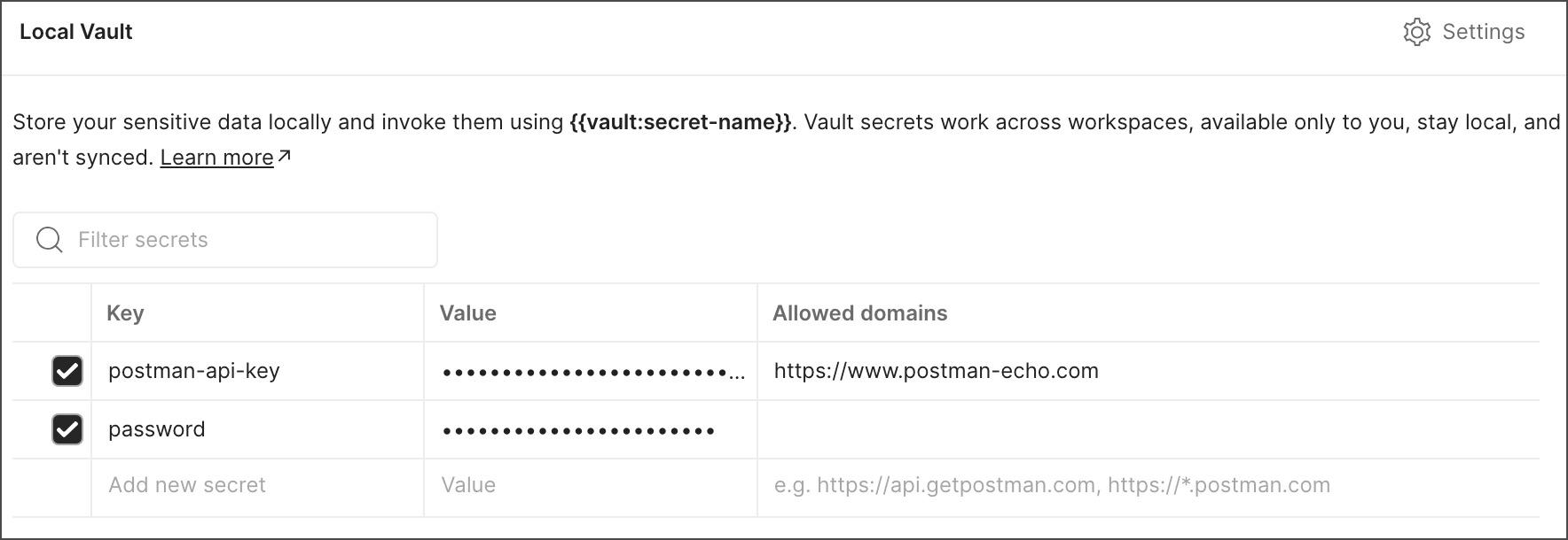 Add secrets to Postman Vault