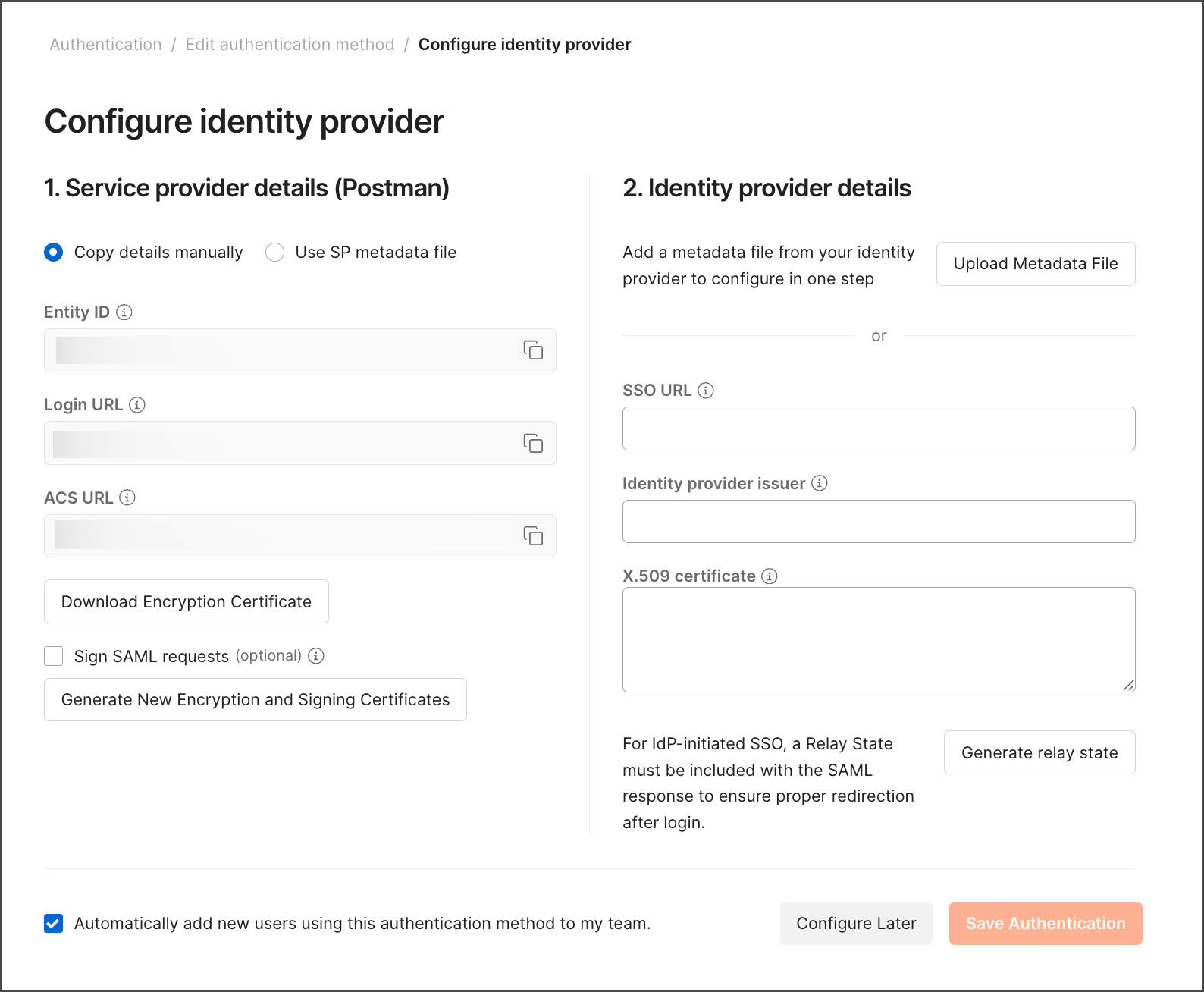Configure identity provider details in Postman