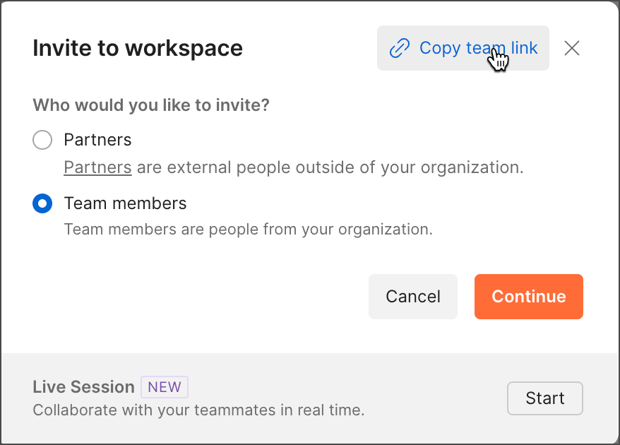 Invite team members to a Partner Workspace via link