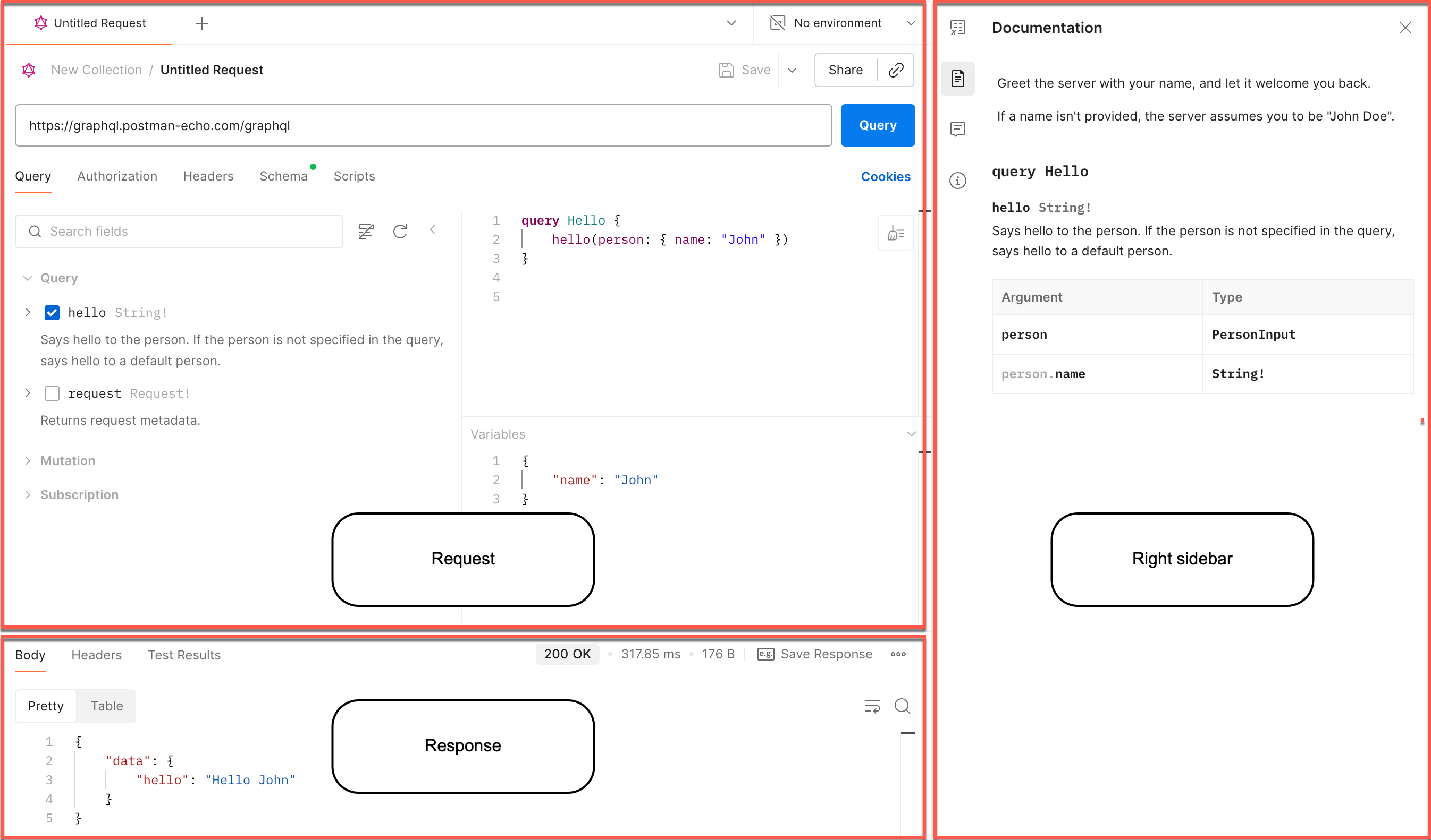 Different sections of a GraphQL request