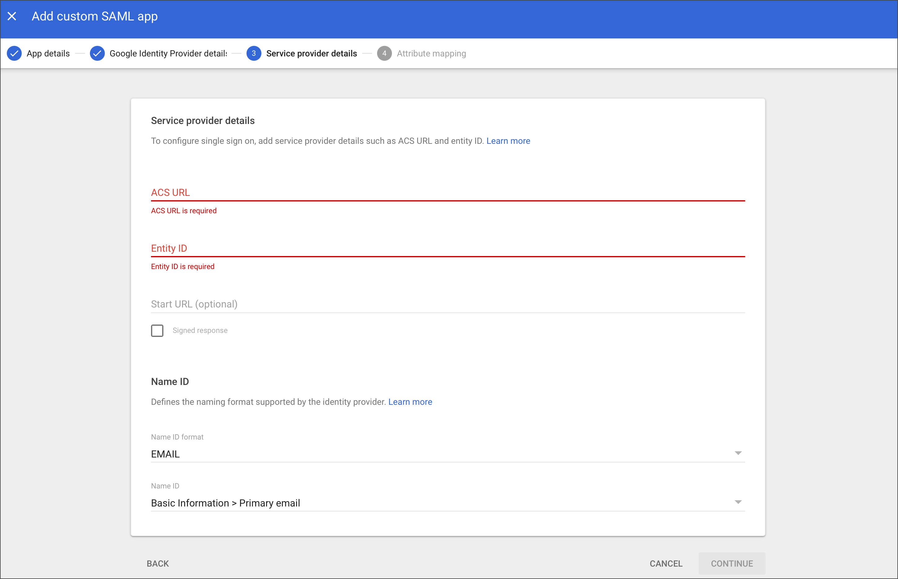 Add SAML service provider details
