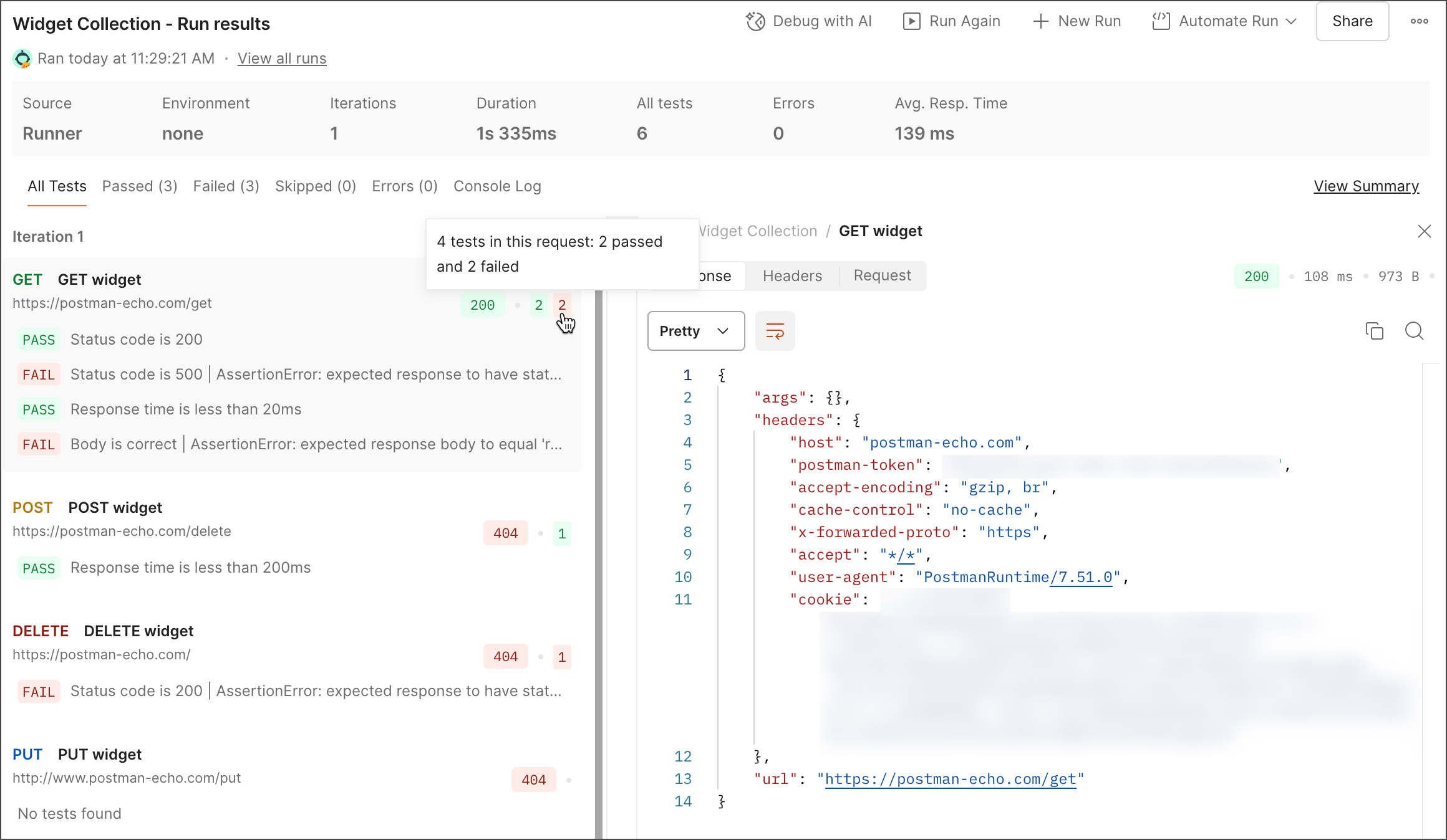 Collection Runner results