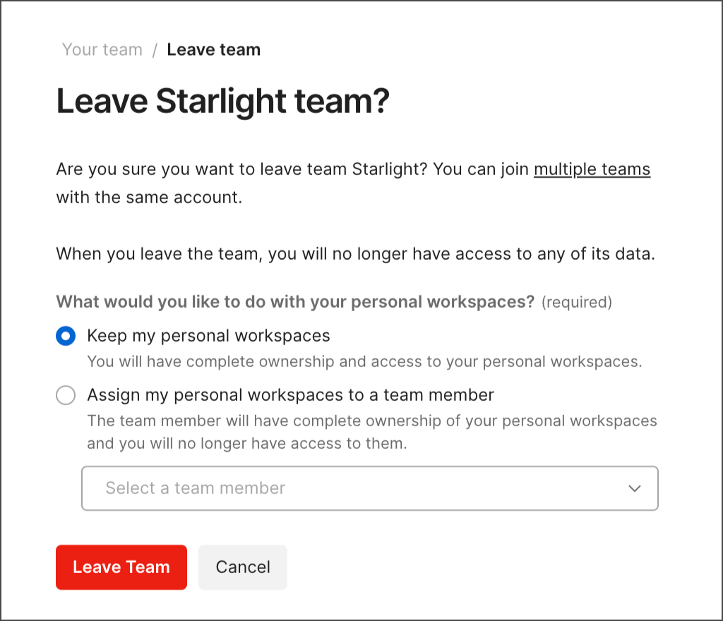 Leave team and keep personal data