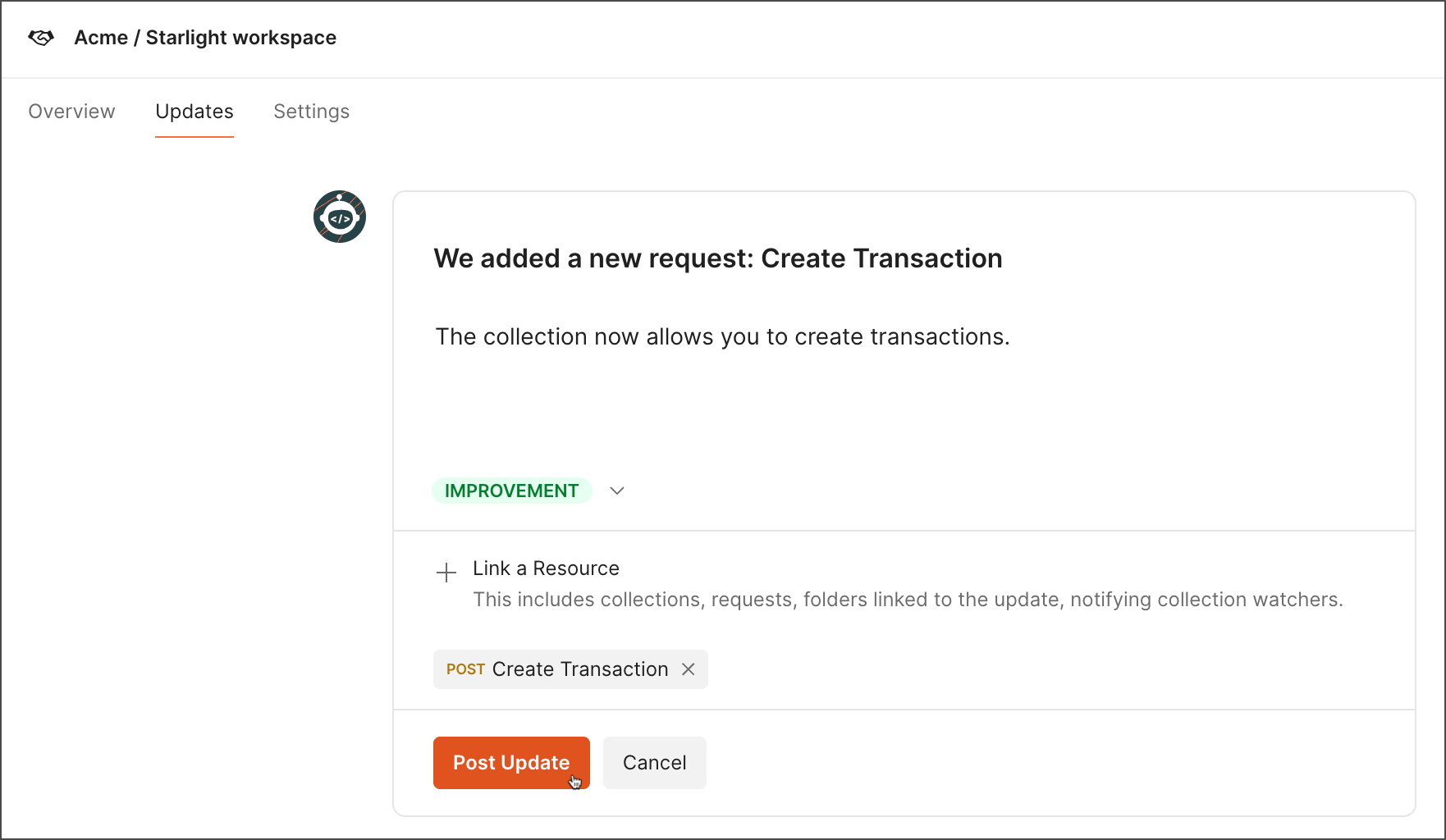 Post a workspace update in a Partner Workspace