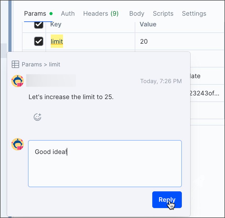 Reply to an inline comment on a request or example