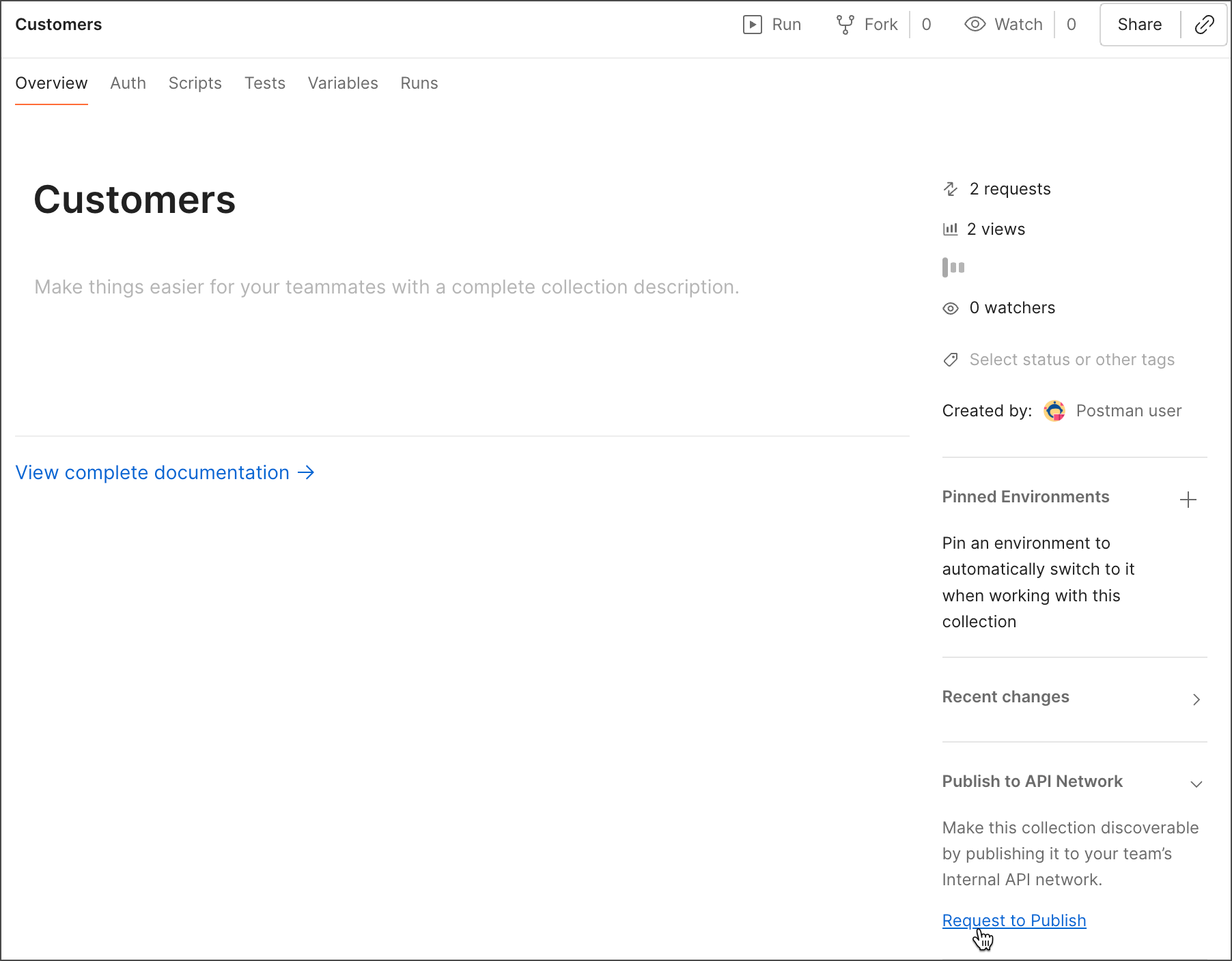 Request to publish collection to your Private API Network