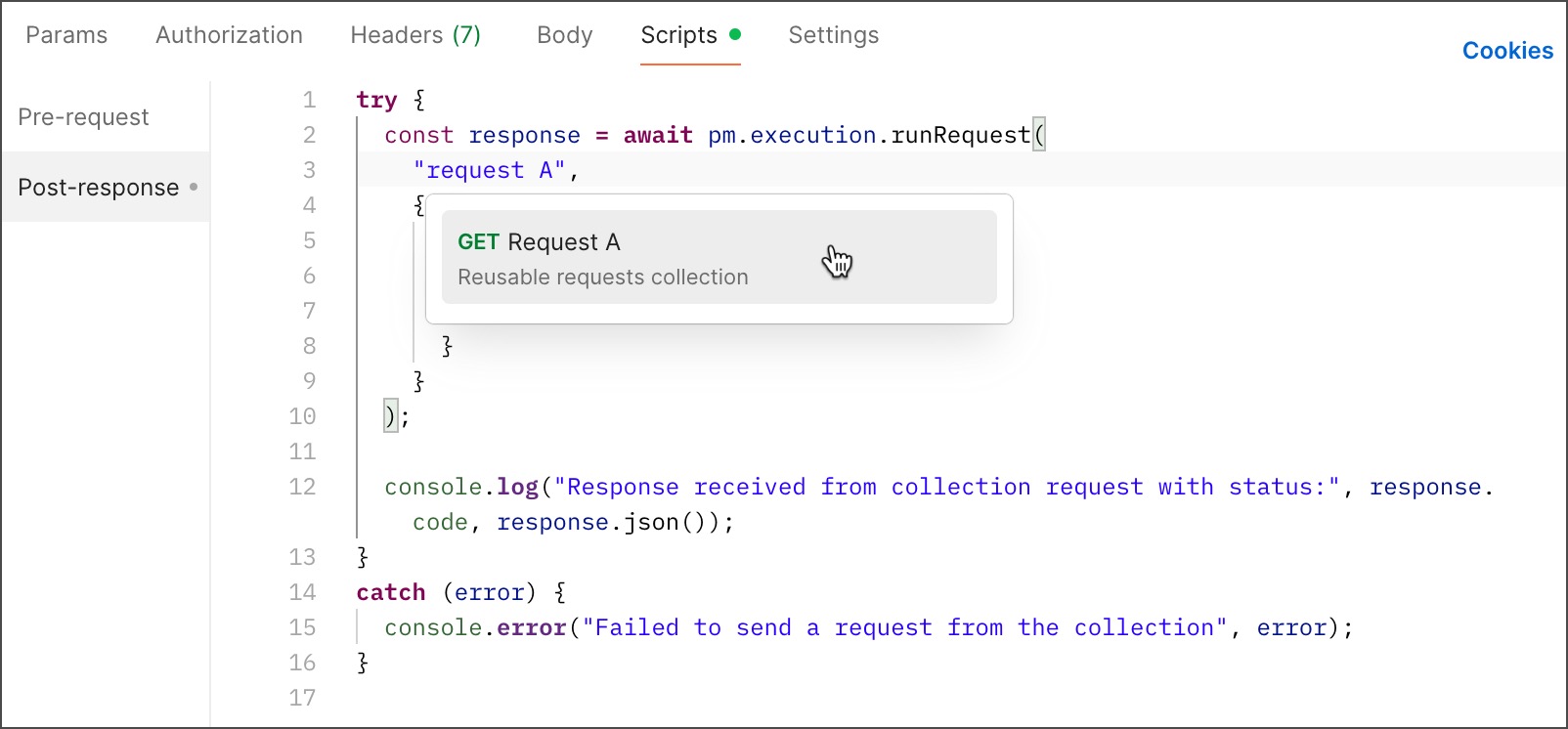 Use scripts to send request stored in collection