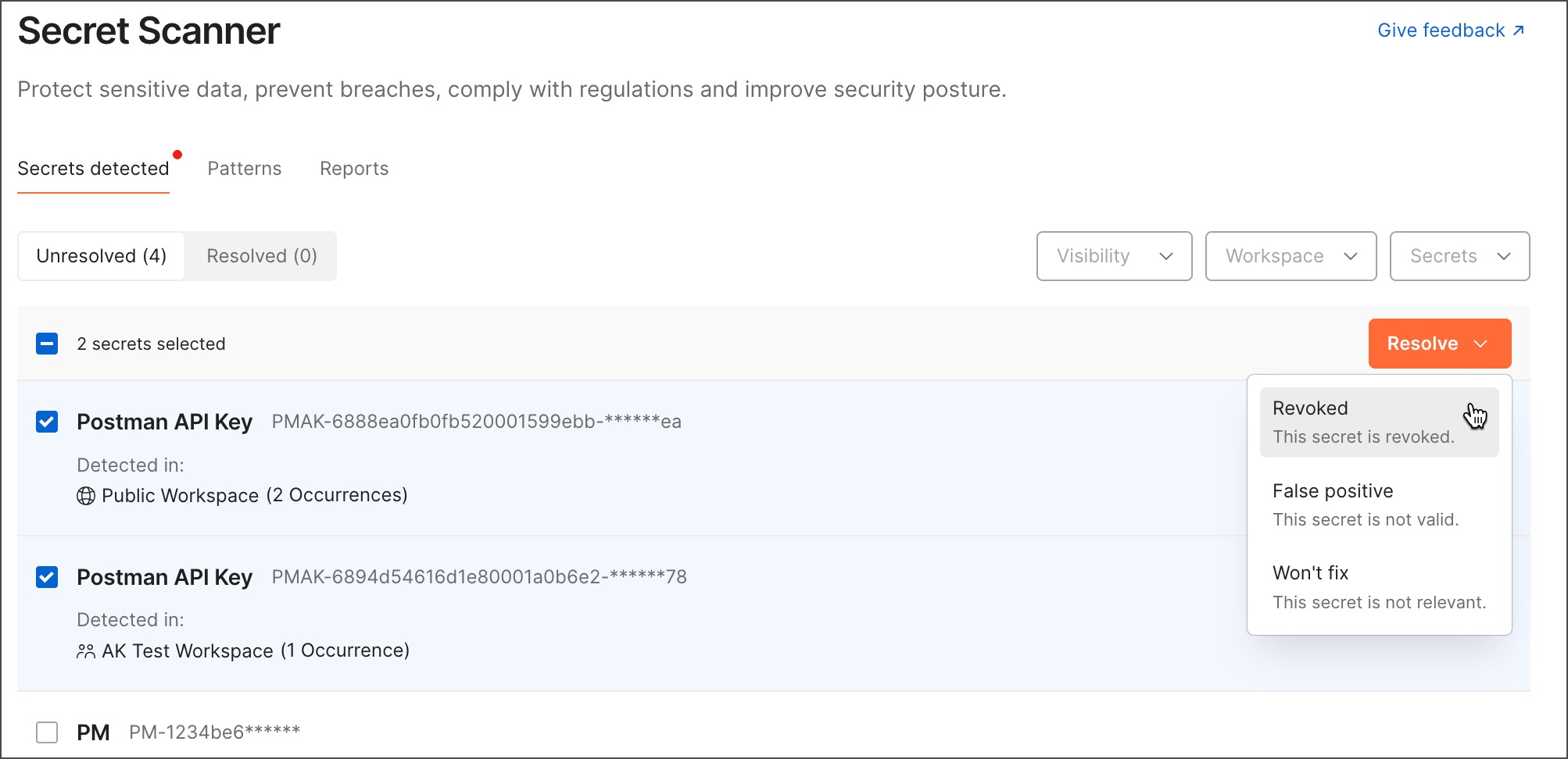 Bulk resolve detected secrets