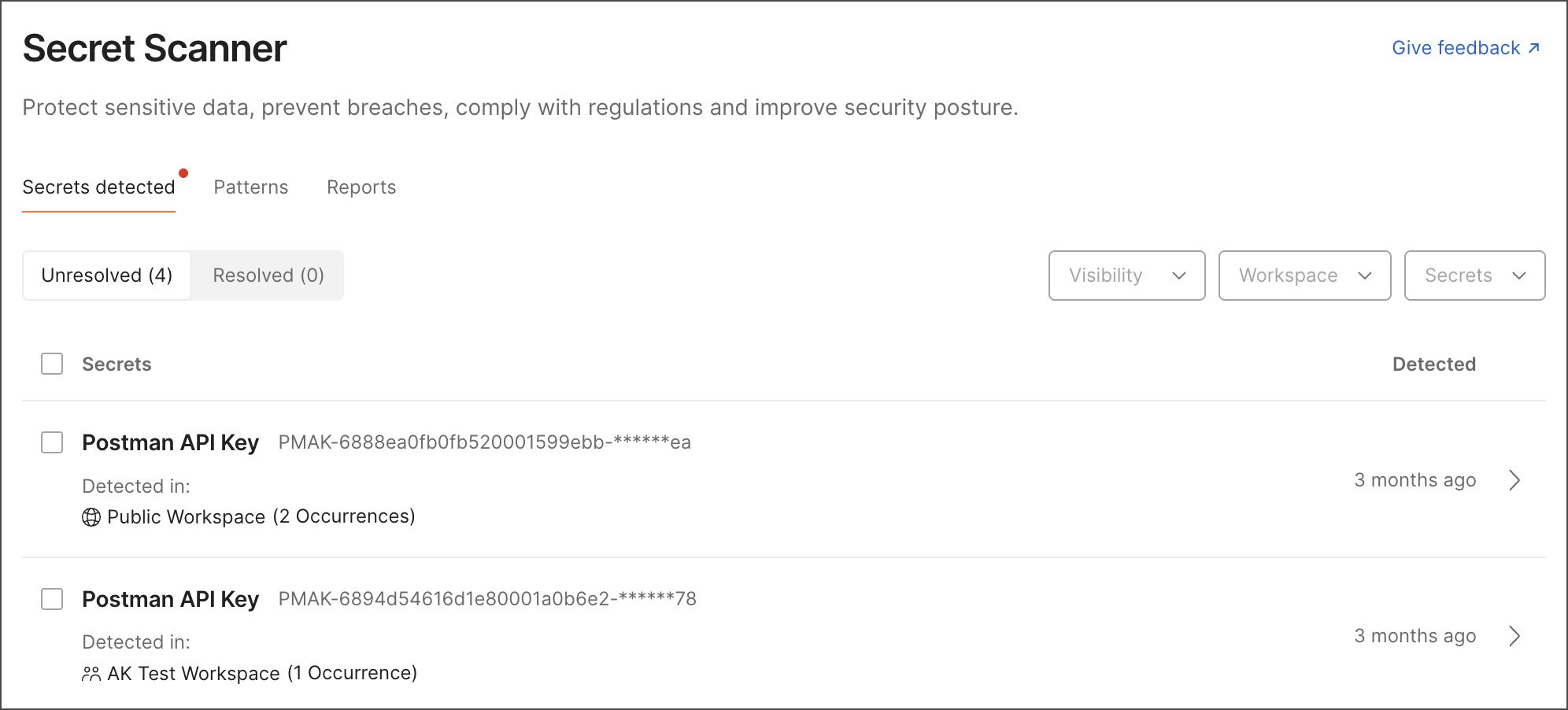 Secret Scanner dashboard
