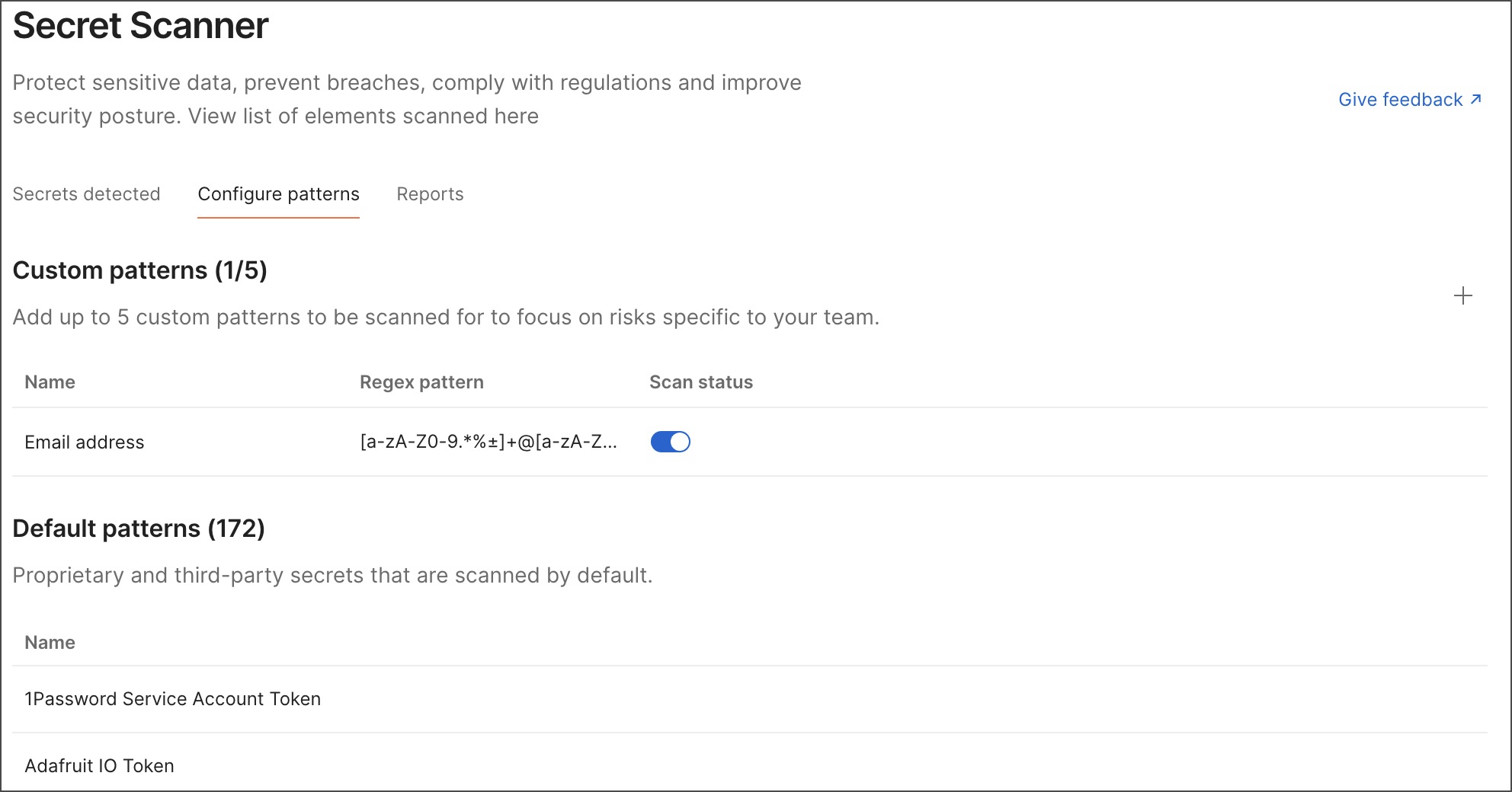 The Secret Scanner Configure patterns interface