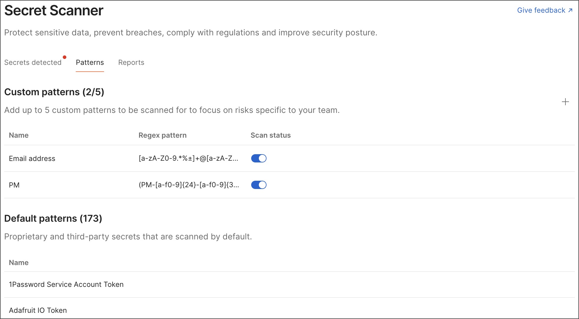 The Secret Scanner Patterns interface