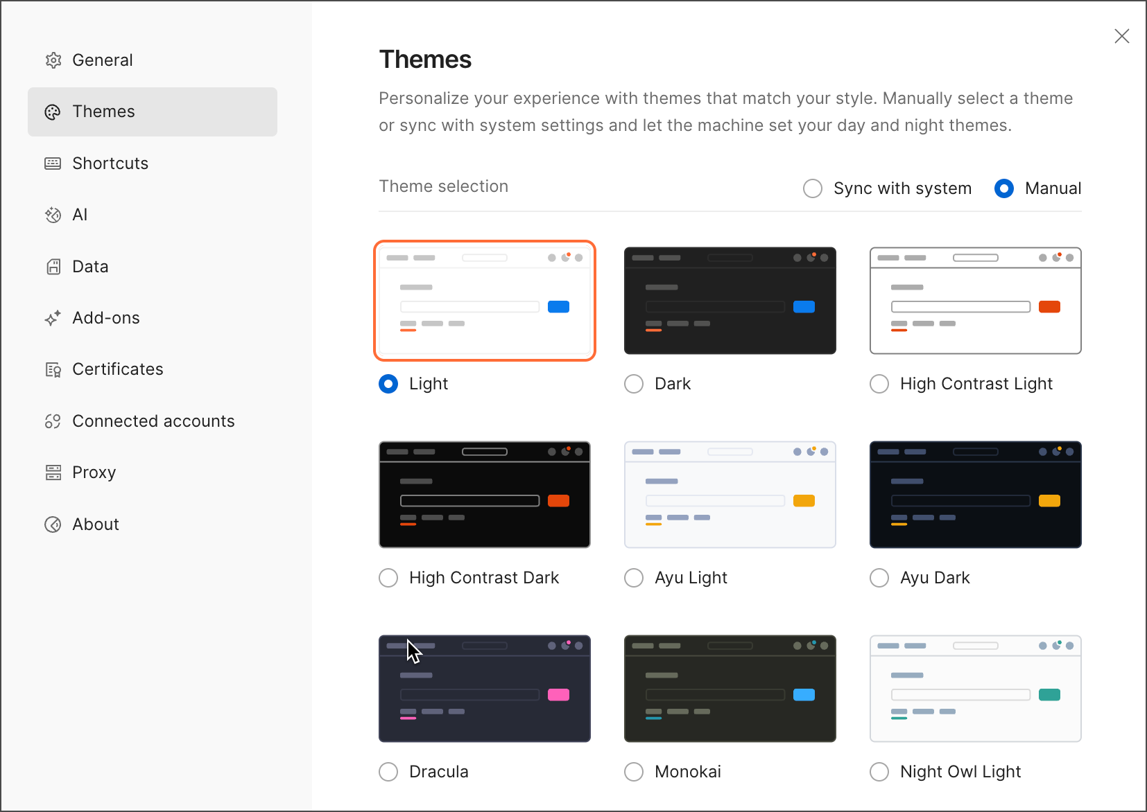 Manually select a theme