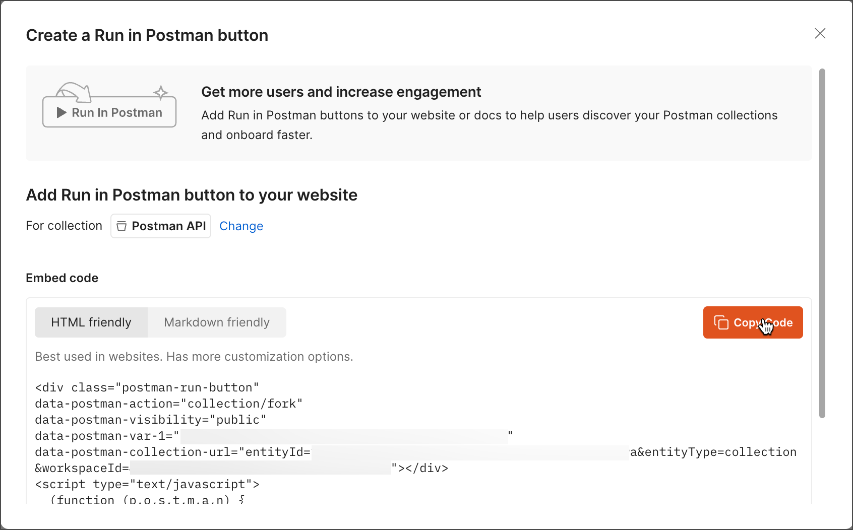 Create a Run in Postman button modal