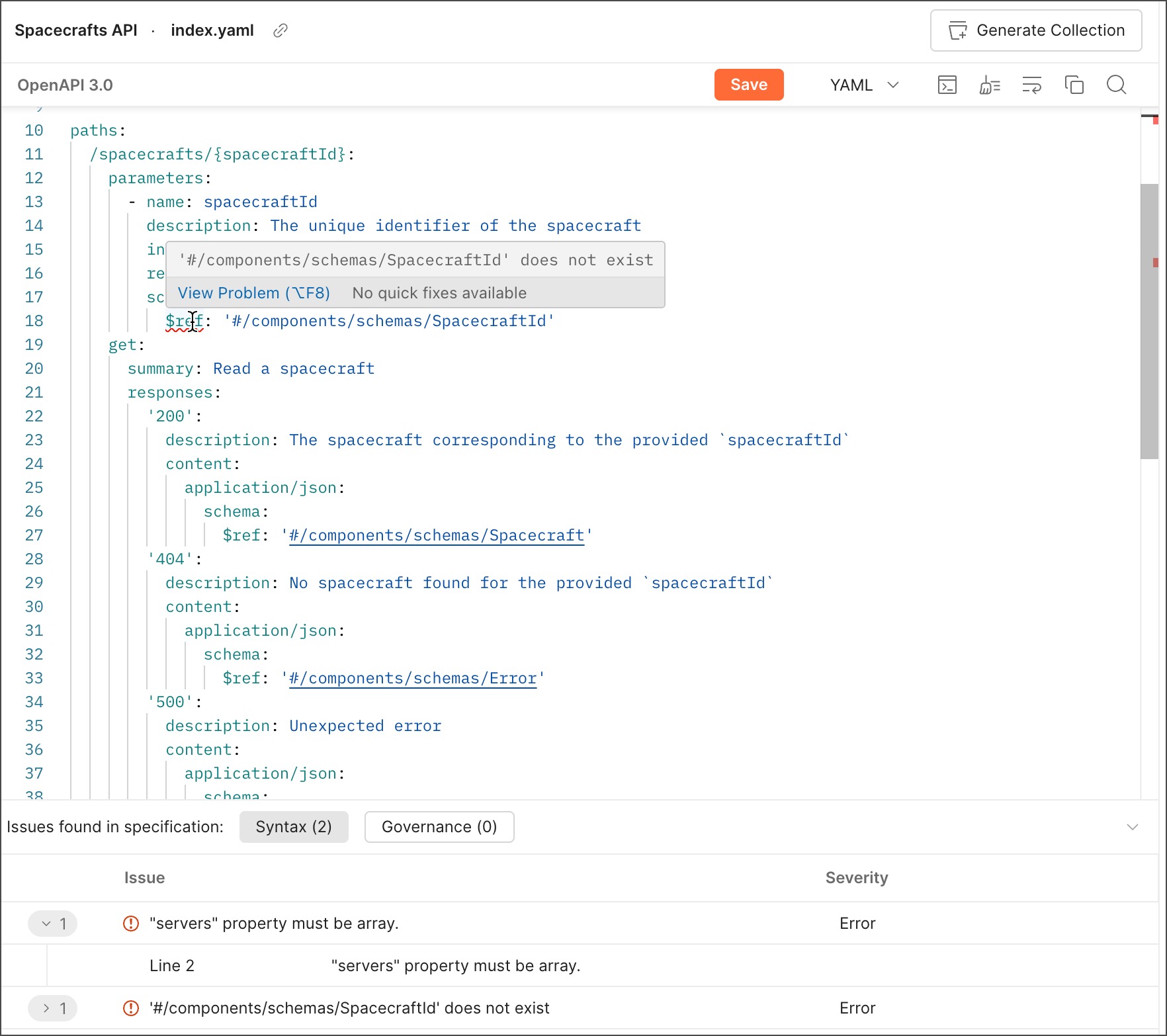 View syntax errors in a specification