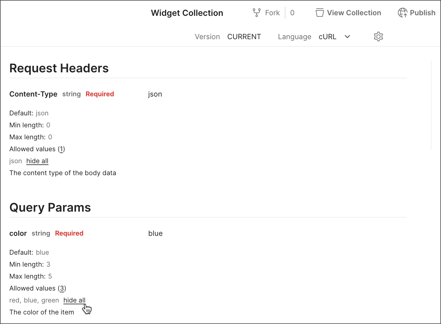 View documentation for a collection with types