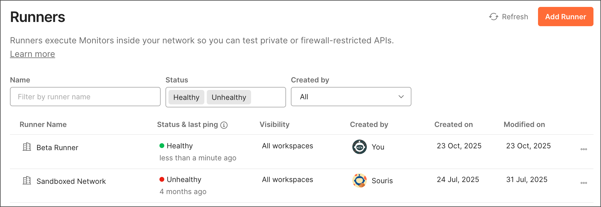 View runners from Runner settings