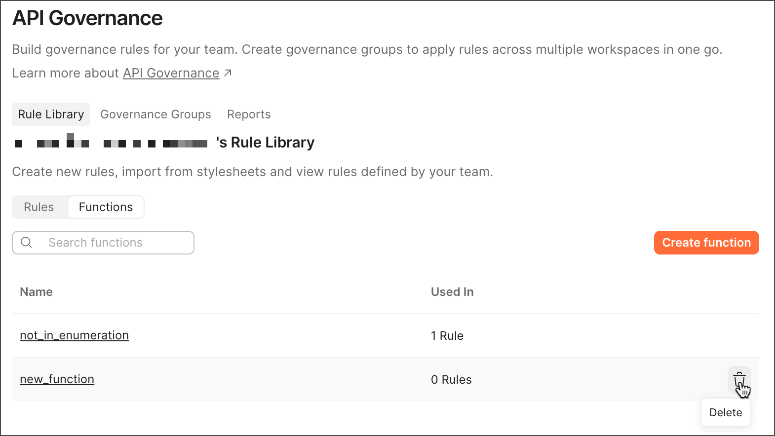 Delete a custom API Governance function