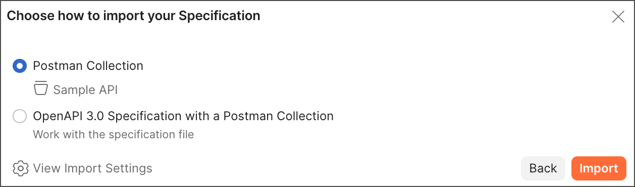 API specification import options