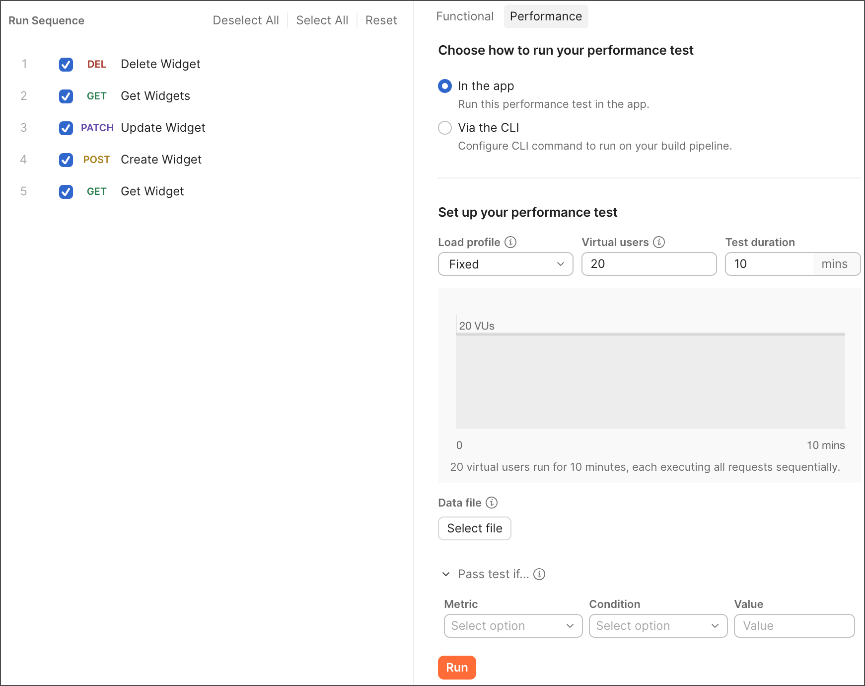 The Postman performance test configuration interface