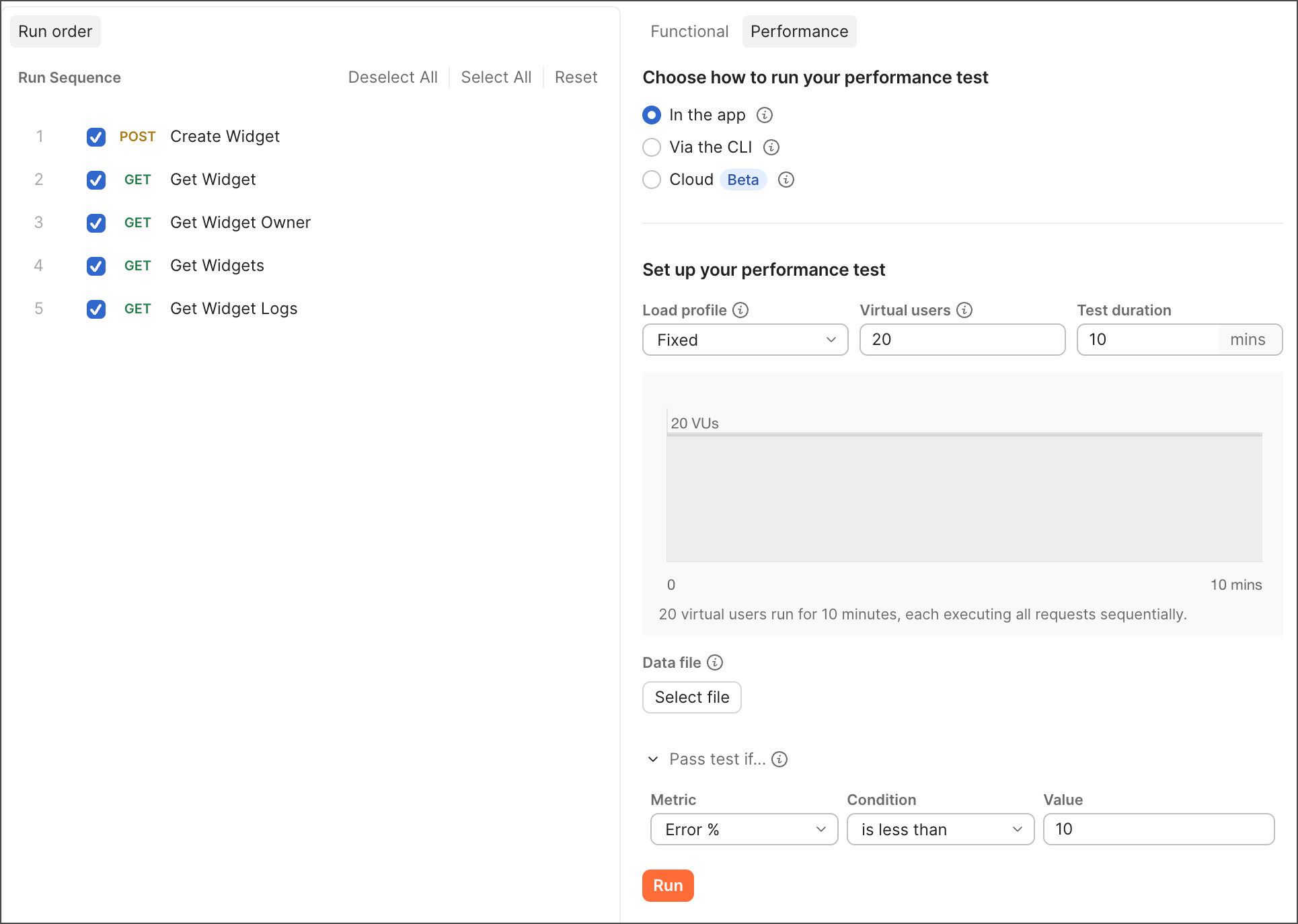The Postman performance test configuration interface