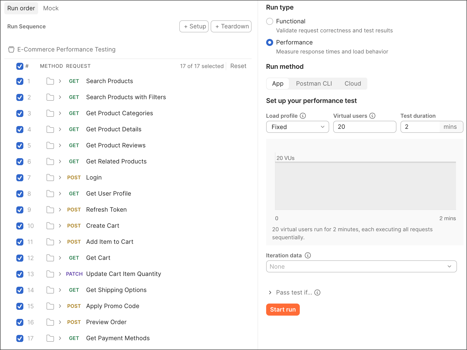 The Postman performance test configuration interface