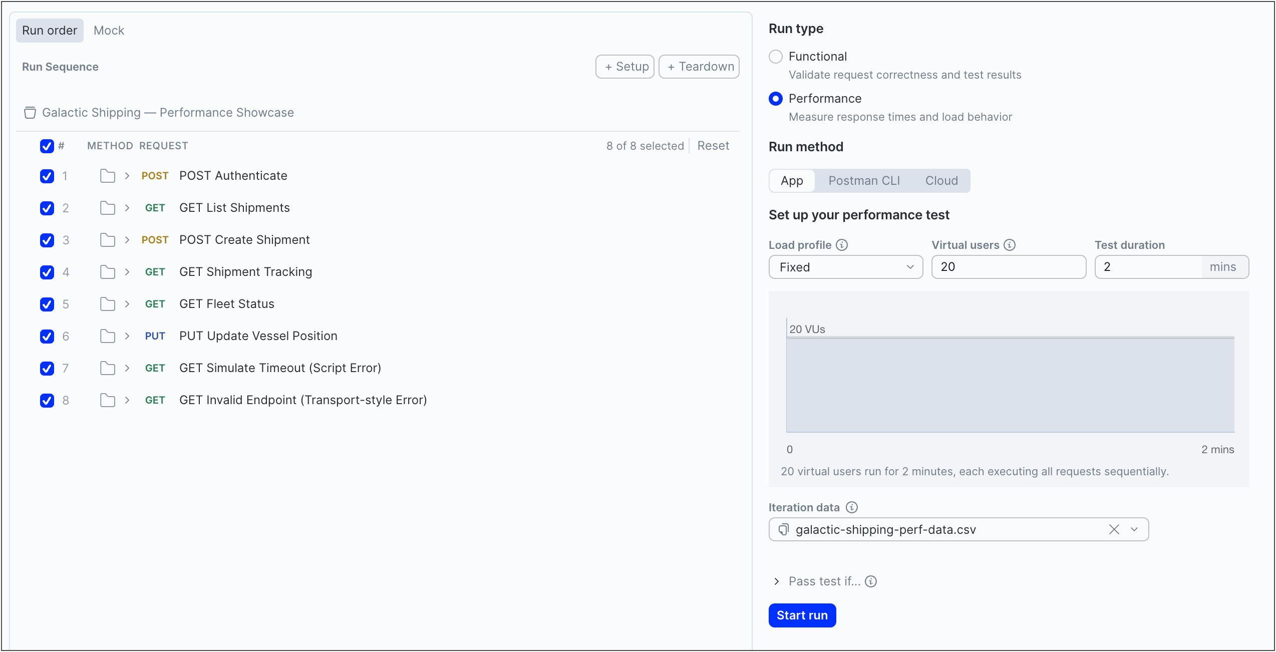 The Postman performance test configuration interface
