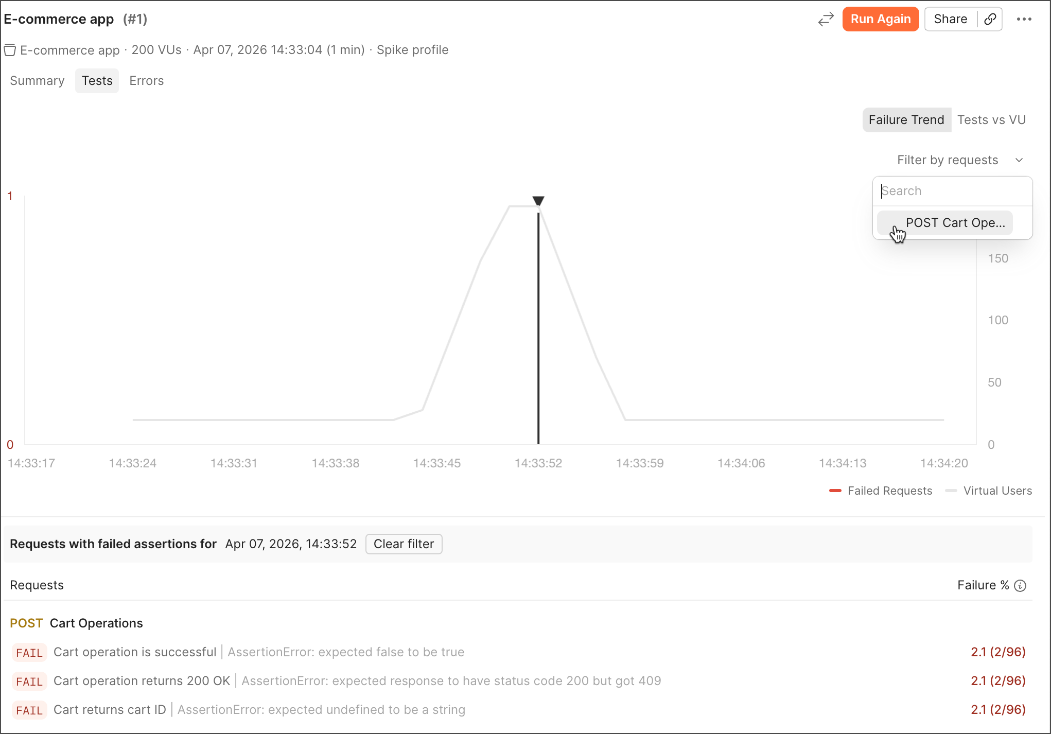 View test assertion failures details